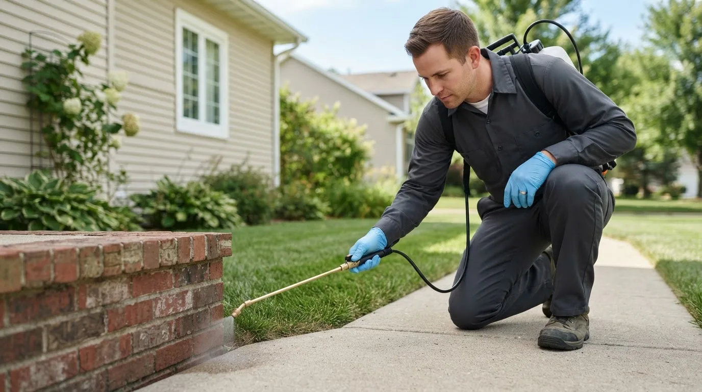 Pest control technician treating a home near Hallieford, VA