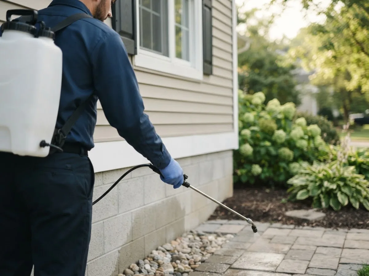 Pest control technician inspecting a home in Hallieford, VA
